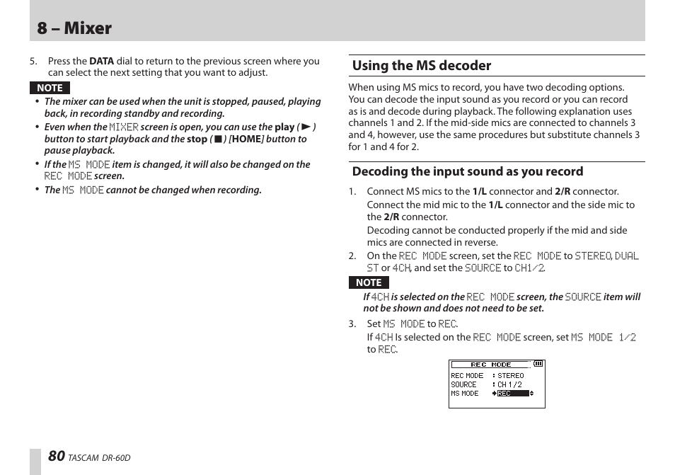 Using the ms decoder, Decoding the input sound as you record, 8 – mixer | Teac DR-60D User Manual | Page 80 / 100