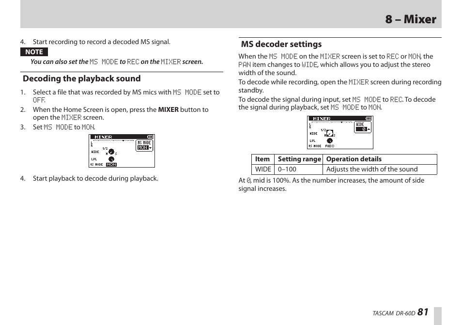 Decoding the playback sound, Ms decoder settings, Decoding the playback sound ms decoder settings | 8 – mixer | Teac DR-60D User Manual | Page 81 / 100