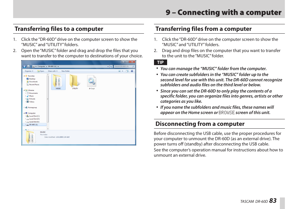 Transferring files to a computer, Transferring files from a computer, Disconnecting from a computer | 9 – connecting with a computer | Teac DR-60D User Manual | Page 83 / 100