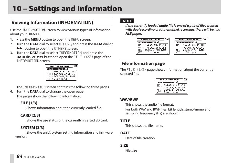 10 – settings and information, Viewing information (information) | Teac DR-60D User Manual | Page 84 / 100