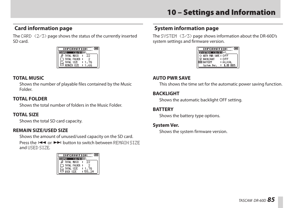 10 – settings and information | Teac DR-60D User Manual | Page 85 / 100