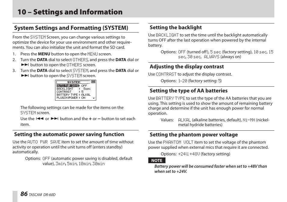 System settings and formatting (system), Setting the automatic power saving function, Setting the backlight | Adjusting the display contrast, Setting the type of aa batteries, Setting the phantom power voltage, 10 – settings and information | Teac DR-60D User Manual | Page 86 / 100