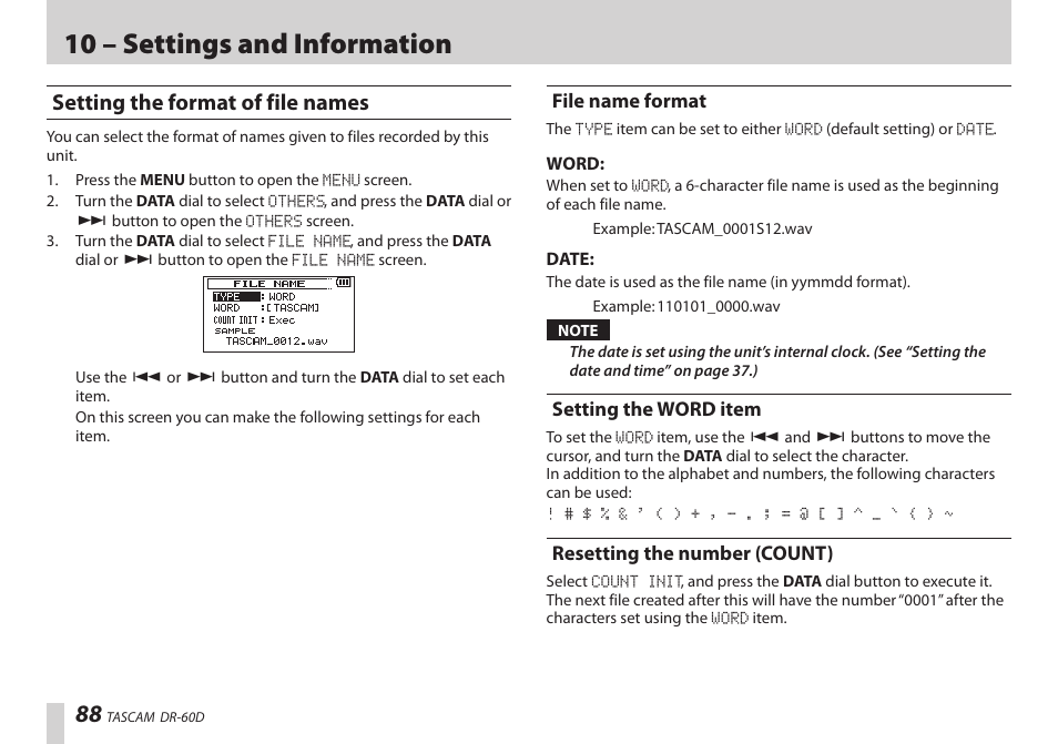 Setting the format of file names, File name format, Setting the word item | Resetting the number (count), 10 – settings and information | Teac DR-60D User Manual | Page 88 / 100