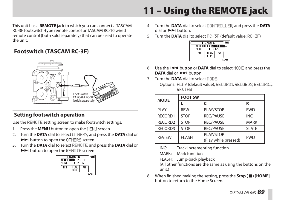 11 – using the remote jack, Footswitch (tascam rc-3f), Setting footswitch operation | Ee “11 | Teac DR-60D User Manual | Page 89 / 100