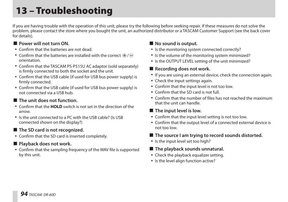 13 – troubleshooting | Teac DR-60D User Manual | Page 94 / 100