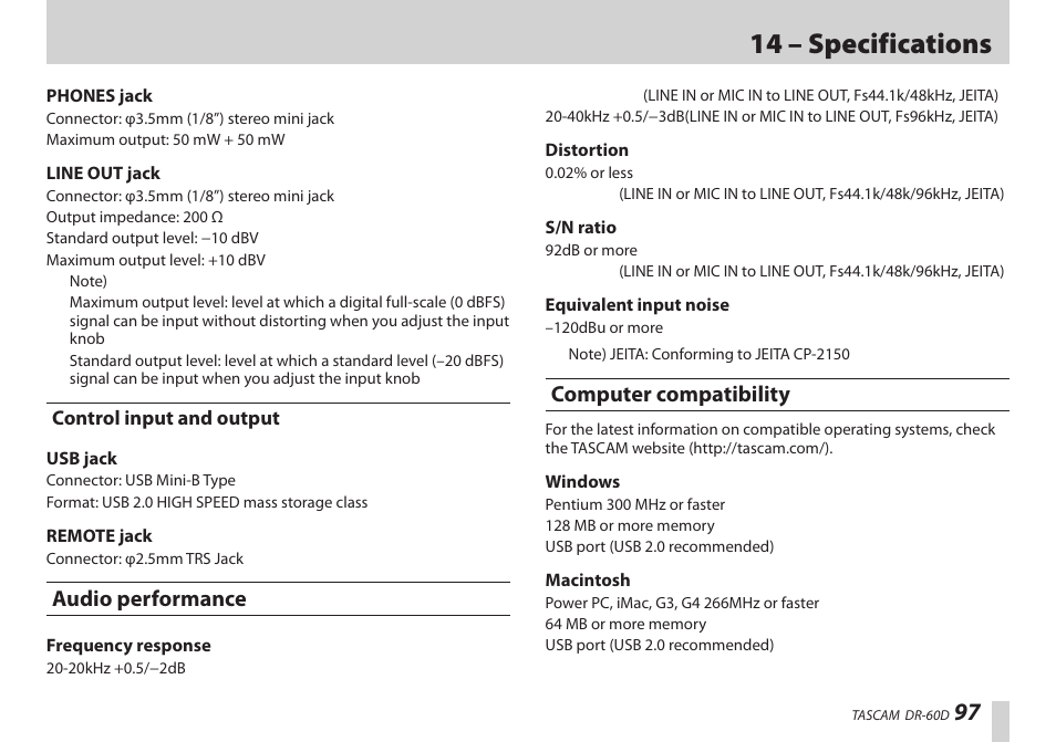 Control input and output, Audio performance, Computer compatibility | Audio performance computer compatibility, 14 – specifications | Teac DR-60D User Manual | Page 97 / 100