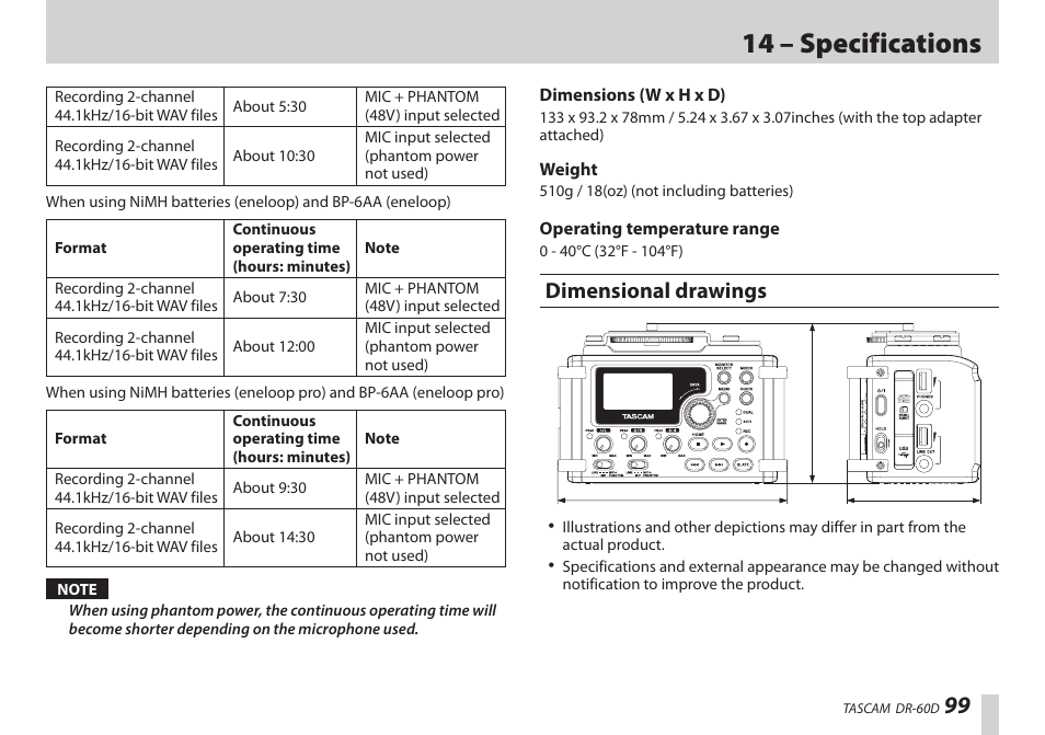 Dimensional drawings, 14 – specifications | Teac DR-60D User Manual | Page 99 / 100