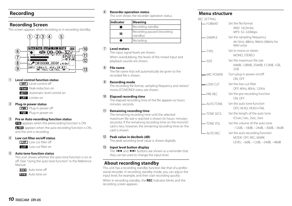 Recording, Recording screen, About recording standby | Menu structure | Teac DR-05 V.2.00 User Manual | Page 10 / 104