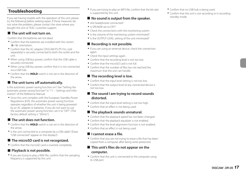 Troubleshooting | Teac DR-05 V.2.00 User Manual | Page 17 / 104