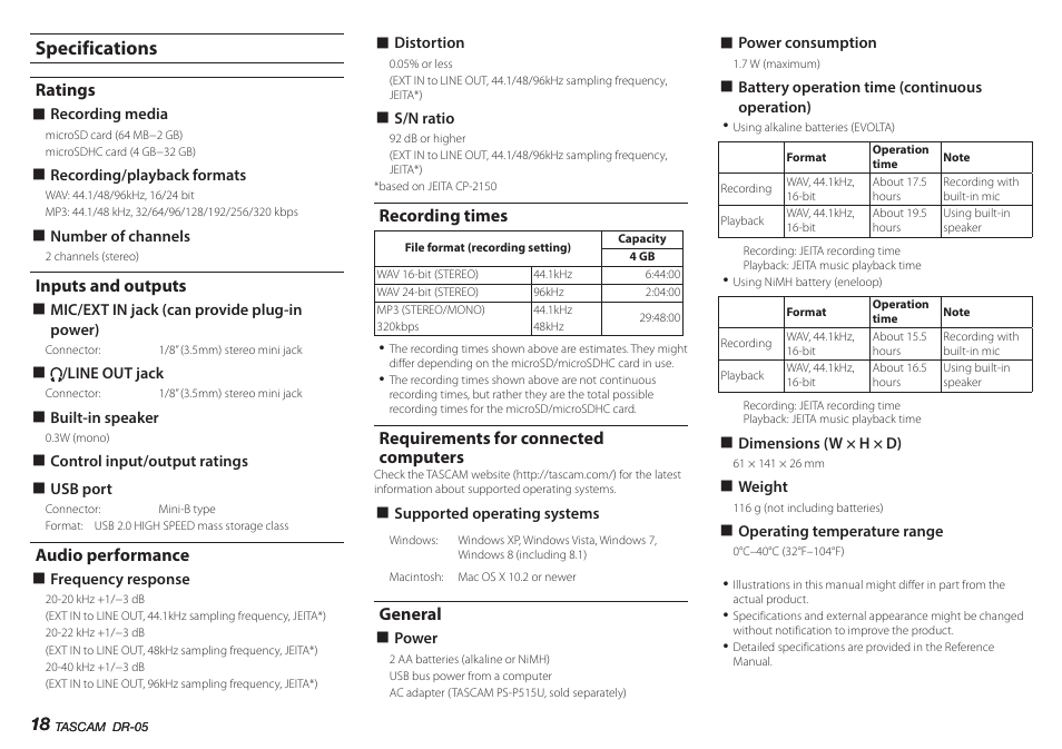 Specifications, Ratings, Inputs and outputs | Audio performance, Recording times, Requirements for connected computers, General | Teac DR-05 V.2.00 User Manual | Page 18 / 104