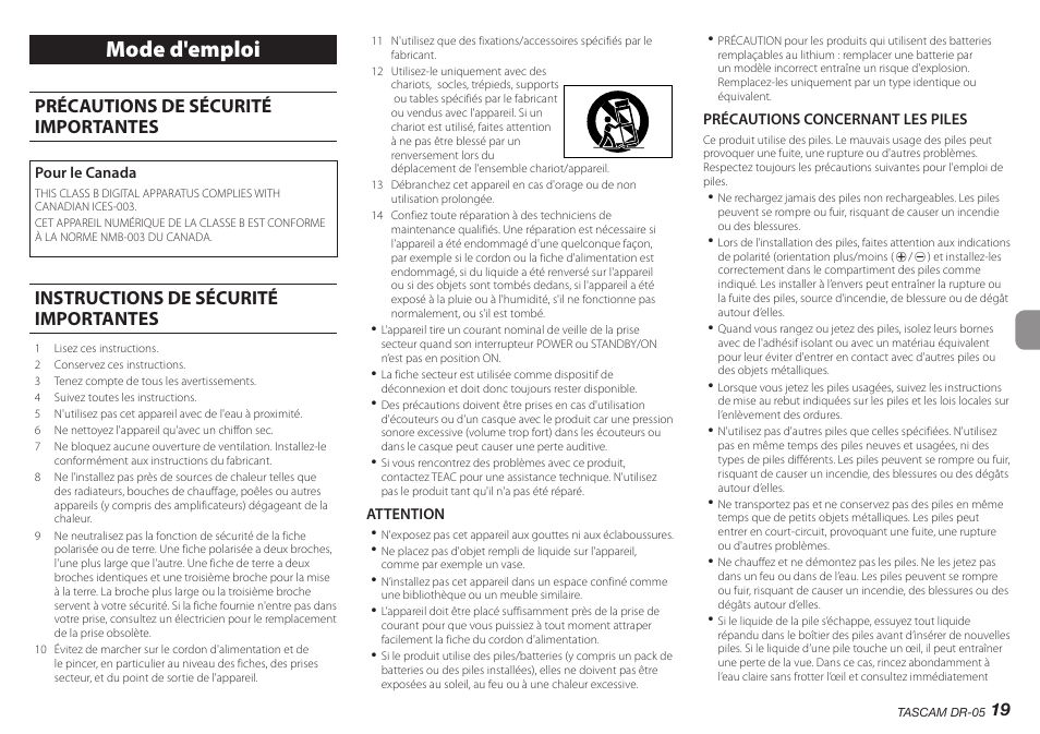 Français, Mode d'emploi, Précautions de sécurité importantes | Instructions de sécurité importantes | Teac DR-05 V.2.00 User Manual | Page 19 / 104