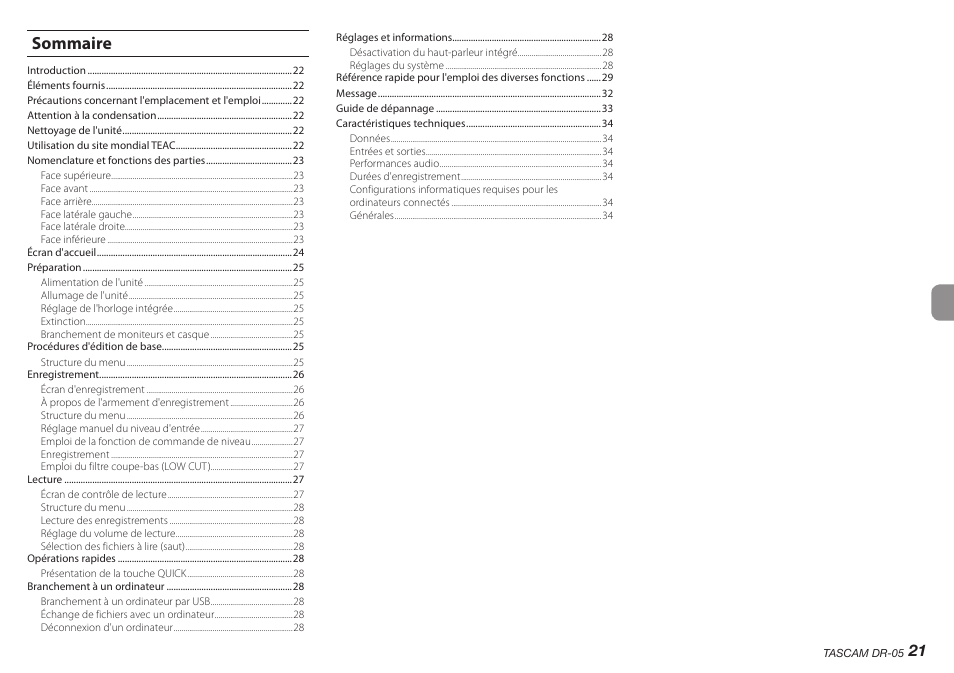 Sommaire | Teac DR-05 V.2.00 User Manual | Page 21 / 104