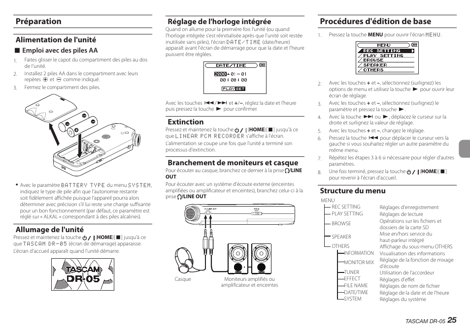 Préparation, Alimentation de l'unité, Allumage de l'unité | Réglage de l'horloge intégrée, Extinction, Branchement de moniteurs et casque, Procédures d'édition de base, Structure du menu | Teac DR-05 V.2.00 User Manual | Page 25 / 104