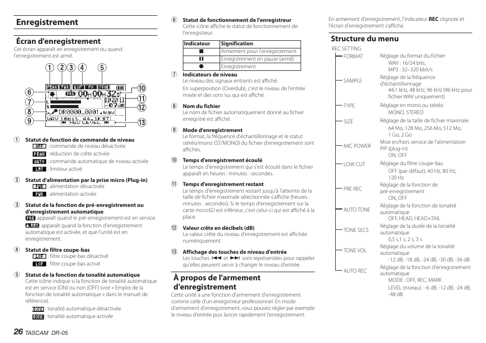 Enregistrement, Écran d'enregistrement, À propos de l'armement d'enregistrement | Structure du menu | Teac DR-05 V.2.00 User Manual | Page 26 / 104