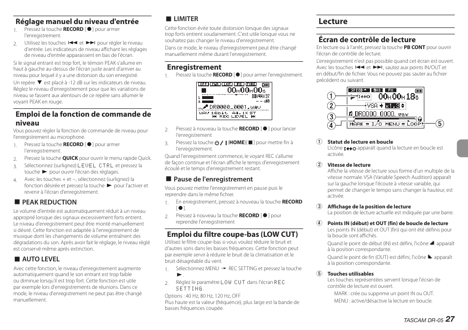 Réglage manuel du niveau d'entrée, Emploi de la fonction de commande de niveau, Enregistrement | Emploi du filtre coupe-bas (low cut), Lecture, Écran de contrôle de lecture, 27 réglage manuel du niveau d'entrée | Teac DR-05 V.2.00 User Manual | Page 27 / 104