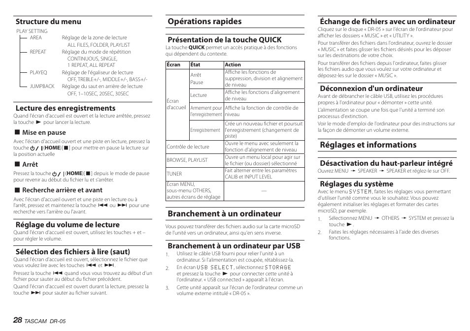 Structure du menu, Lecture des enregistrements, Réglage du volume de lecture | Sélection des fichiers à lire (saut), Opérations rapides, Présentation de la touche quick, Branchement à un ordinateur, Branchement à un ordinateur par usb, Échange de fichiers avec un ordinateur, Déconnexion d'un ordinateur | Teac DR-05 V.2.00 User Manual | Page 28 / 104