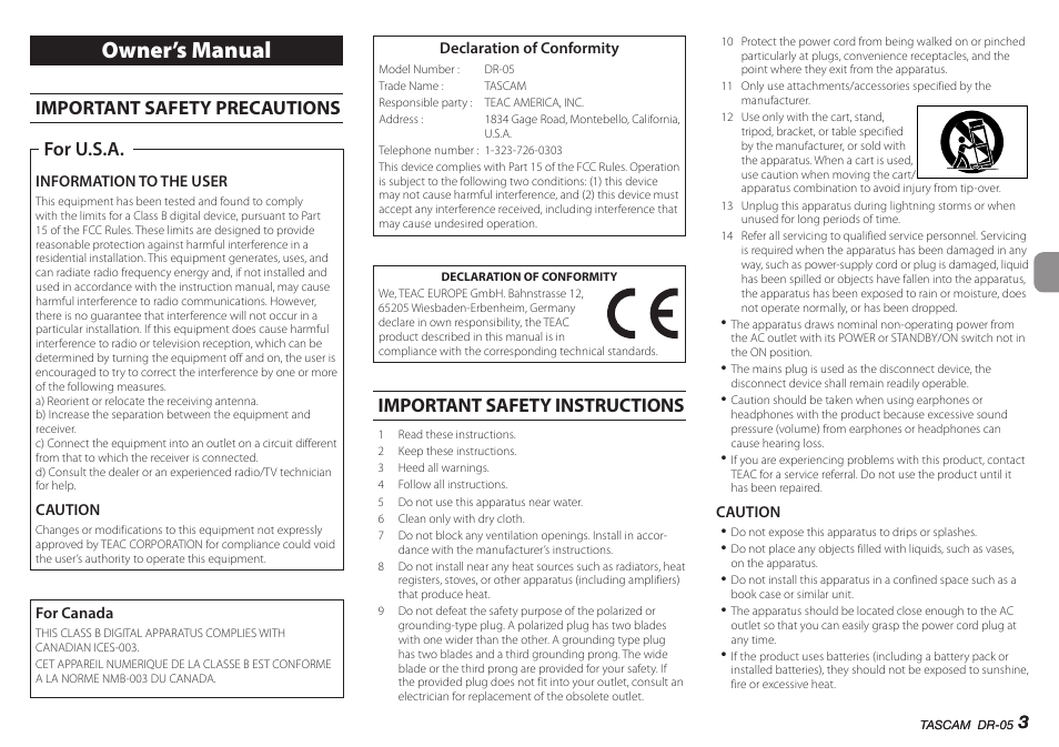 English, Owner’s manual, Important safety precautions | For u.s.a, Important safety instructions | Teac DR-05 V.2.00 User Manual | Page 3 / 104