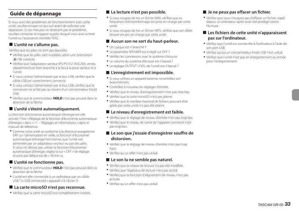 Guide de dépannage | Teac DR-05 V.2.00 User Manual | Page 33 / 104