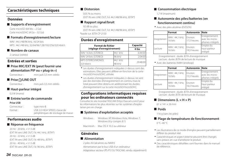 Caractéristiques techniques, Données, Entrées et sorties | Performances audio, Durées d'enregistrement, Générales, Configurations informatiques requises pour les, Ordinateurs connectés | Teac DR-05 V.2.00 User Manual | Page 34 / 104