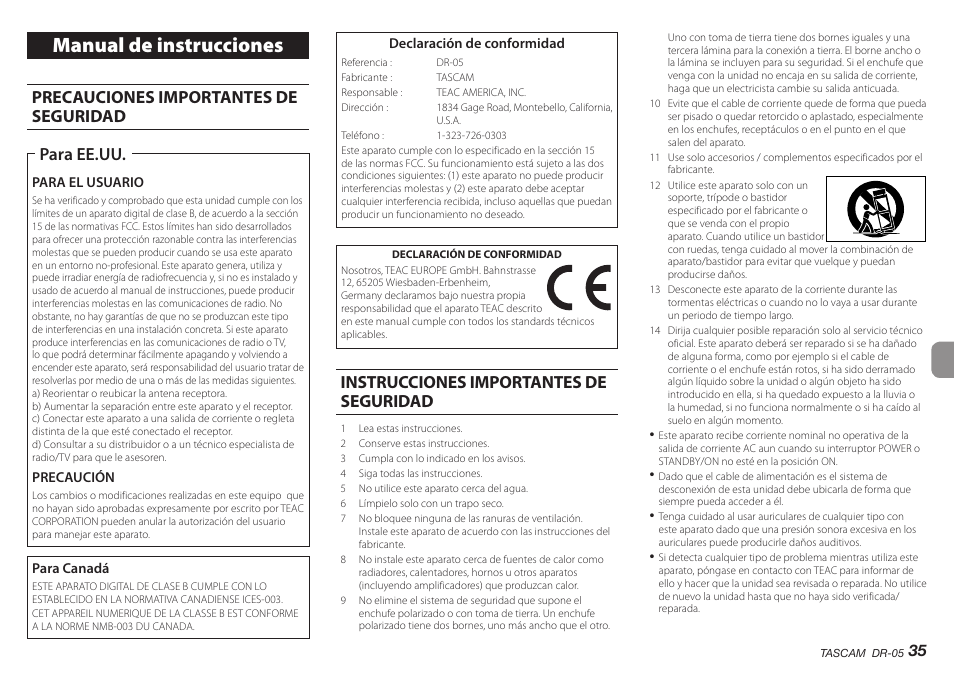 Español, Manual de instrucciones, Precauciones importantes de seguridad | Para ee.uu, Instrucciones importantes de seguridad | Teac DR-05 V.2.00 User Manual | Page 35 / 104