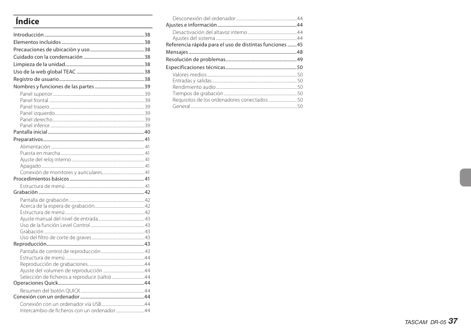 Índice | Teac DR-05 V.2.00 User Manual | Page 37 / 104