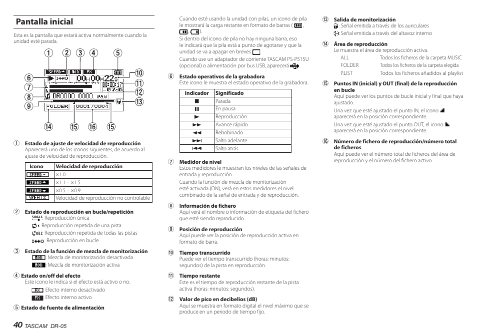 Pantalla inicial | Teac DR-05 V.2.00 User Manual | Page 40 / 104