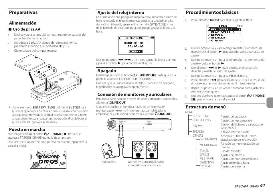 Preparativos, Alimentación, Puesta en marcha | Ajuste del reloj interno, Apagado, Conexión de monitores y auriculares, Procedimientos básicos, Estructura de menú | Teac DR-05 V.2.00 User Manual | Page 41 / 104