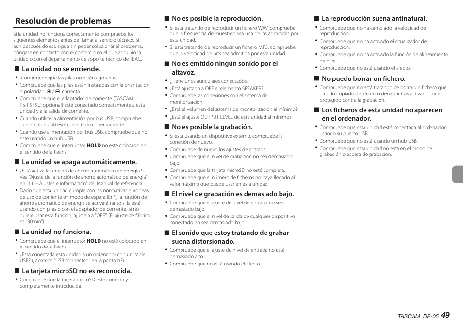 Resolución de problemas, Resolución de problem | Teac DR-05 V.2.00 User Manual | Page 49 / 104