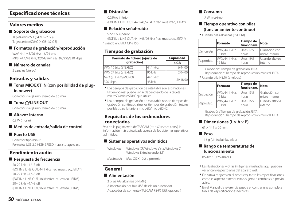 Especificaciones técnicas, Valores medios, Entradas y salidas | Rendimiento audio, Tiempos de grabación, Requisitos de los ordenadores conectados, General, Especificaciones téc | Teac DR-05 V.2.00 User Manual | Page 50 / 104