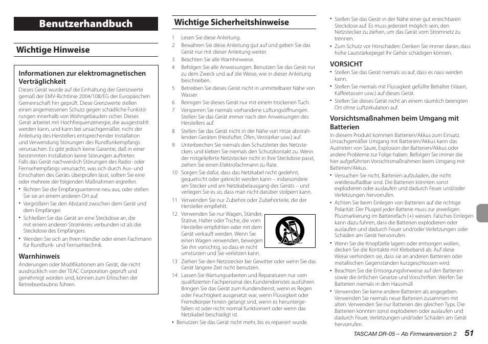 Deutsch, Benutzerhandbuch, Wichtige hinweise | Wichtige sicherheitshinweise | Teac DR-05 V.2.00 User Manual | Page 51 / 104