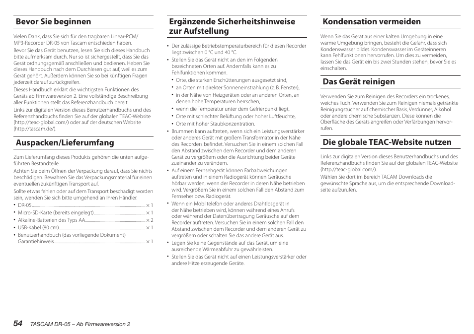 Bevor sie beginnen, Auspacken/lieferumfang, Ergänzende sicherheitshinweise zur aufstellung | Kondensation vermeiden, Das gerät reinigen, Die globale teac-website nutzen | Teac DR-05 V.2.00 User Manual | Page 54 / 104