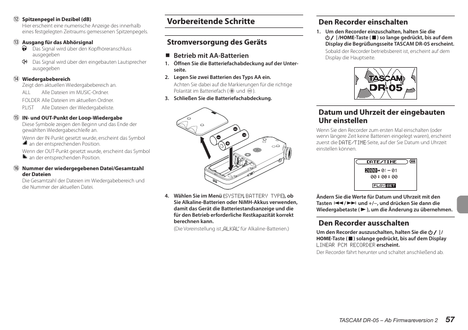 Vorbereitende schritte, Stromversorgung des geräts, Den recorder einschalten | Datum und uhrzeit der eingebauten uhr einstellen, Den recorder ausschalten, Lautsprecher oder kopfhörer anschließen | Teac DR-05 V.2.00 User Manual | Page 57 / 104