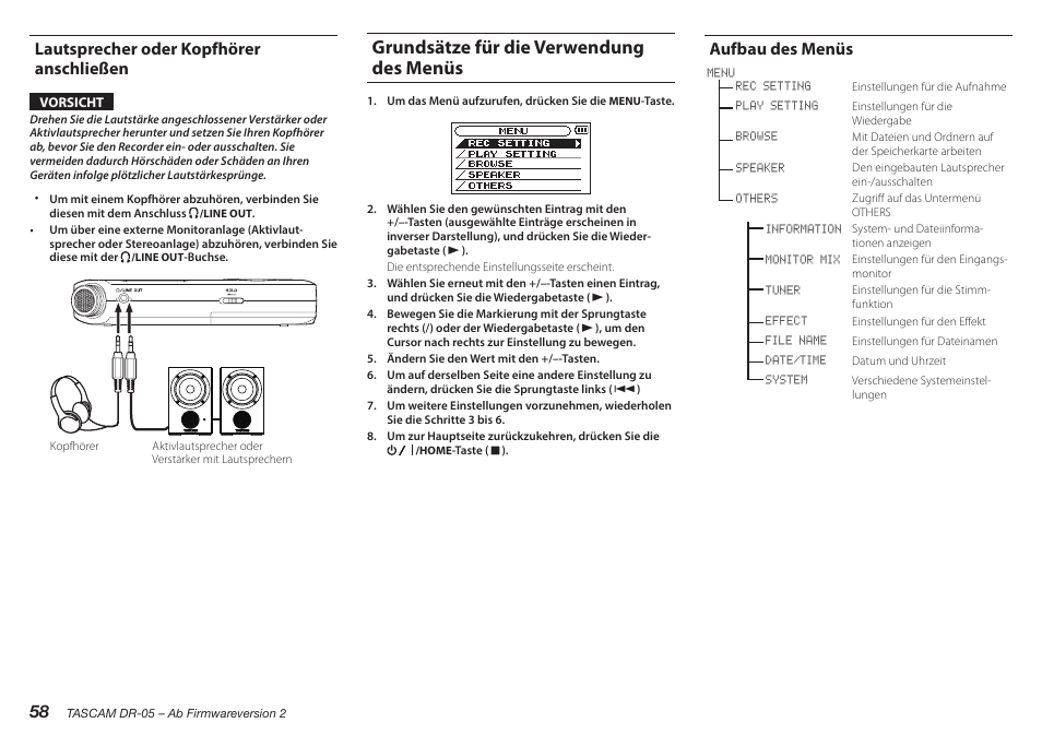 Grundsätze für die verwendung des menüs, Aufbau des menüs, Aufnehmen | Die aufnahmeseite, Lautsprecher oder kopfhörer anschließen | Teac DR-05 V.2.00 User Manual | Page 58 / 104