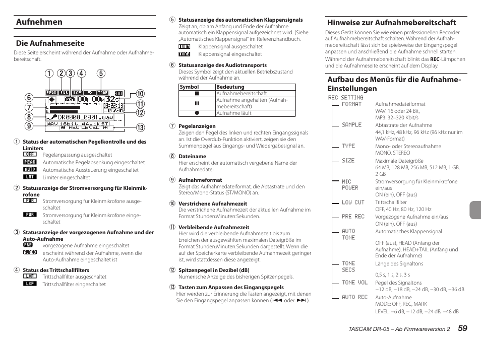 Hinweise zur aufnahmebereitschaft, Aufbau des menüs, Den eingangspegel von hand anpassen | Die automatische pegelanpassung nutzen, Aufnehmen, Die aufnahmeseite, Aufbau des menüs für die aufnahme- einstellungen | Teac DR-05 V.2.00 User Manual | Page 59 / 104