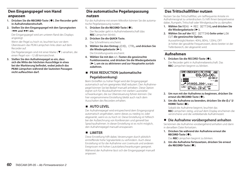 Aufnehmen, Das trittschallfilter nutzen, Wiedergeben | Die übungsfunktionen nutzen, Den eingangspegel von hand anpassen, Die automatische pegelanpassung nutzen | Teac DR-05 V.2.00 User Manual | Page 60 / 104