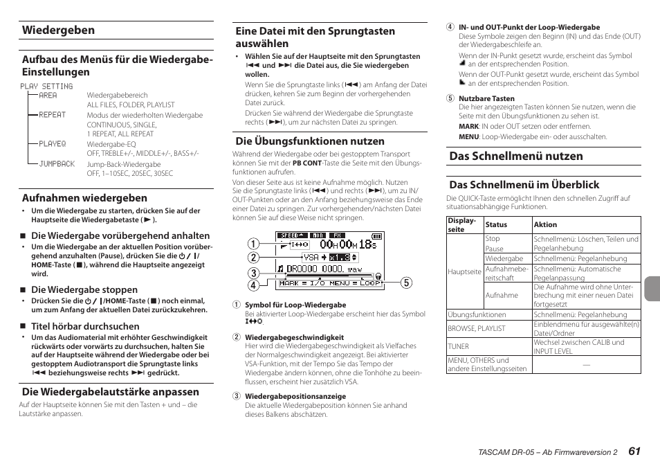 Aufbau des menüs, Aufnahmen wiedergeben, Die wiedergabelautstärke anpassen | Eine datei mit den sprungtasten auswählen, Das schnellmenü nutzen, Das schnellmenü im überblick, Wiedergeben, Aufbau des menüs für die wiedergabe- einstellungen, Die übungsfunktionen nutzen | Teac DR-05 V.2.00 User Manual | Page 61 / 104