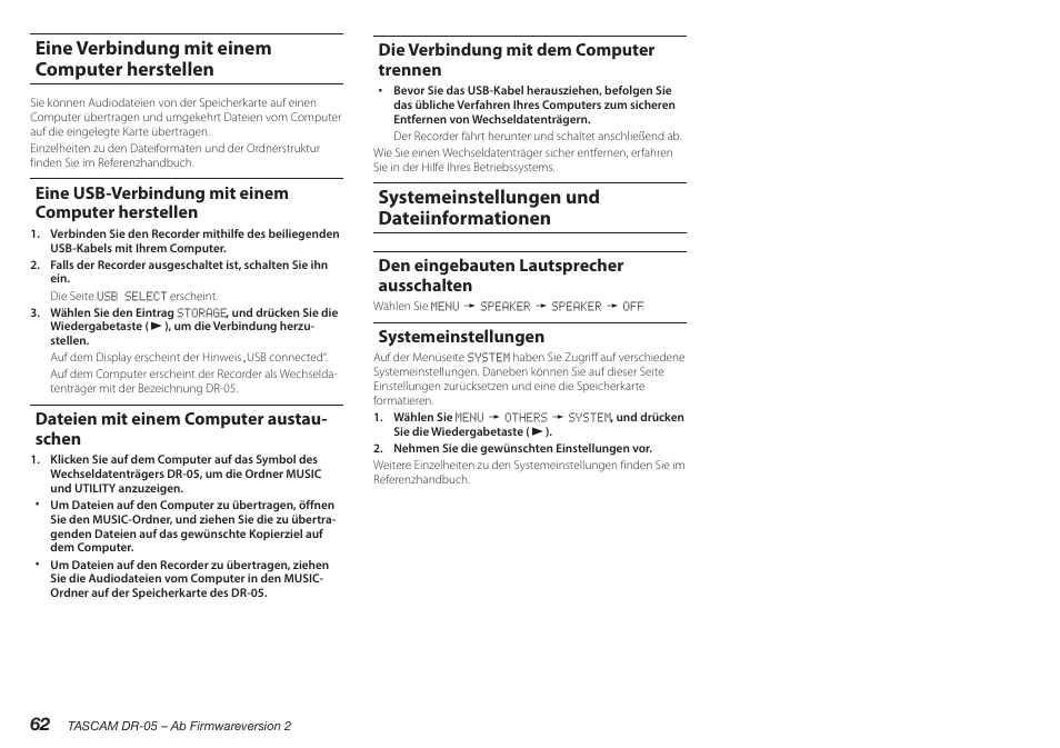 Eine verbindung mit einem computer herstellen, Eine usb-verbindung mit einem computer herstellen, Dateien mit einem computer austauschen | Die verbindung mit dem computer trennen, Systemeinstellungen und dateiinformationen, Den eingebauten lautsprecher ausschalten, Systemeinstellungen, Dateien mit einem computer austau- schen | Teac DR-05 V.2.00 User Manual | Page 62 / 104