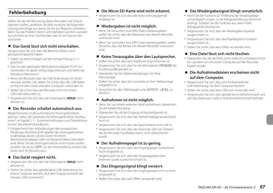 Fehlerbehebung | Teac DR-05 V.2.00 User Manual | Page 67 / 104