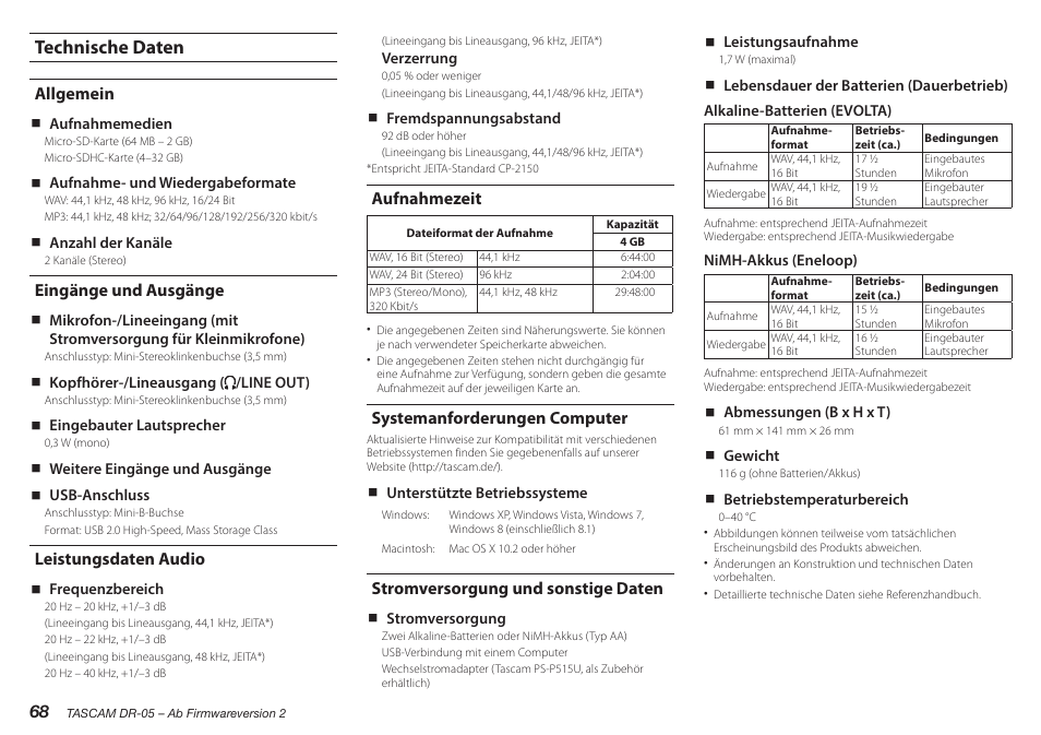 Technische daten, Allgemein, Eingänge und ausgänge | Leistungsdaten audio, Aufnahmezeit, Systemanforderungen computer, Stromversorgung und sonstige daten | Teac DR-05 V.2.00 User Manual | Page 68 / 104