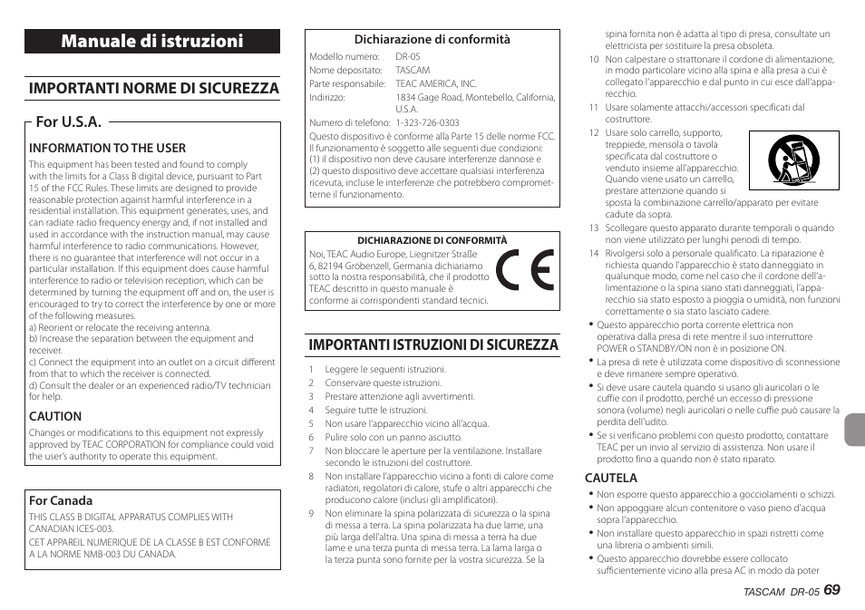 Italiano, Manuale di istruzioni, Importanti norme di sicurezza | For u.s.a, Importanti istruzioni di sicurezza | Teac DR-05 V.2.00 User Manual | Page 69 / 104