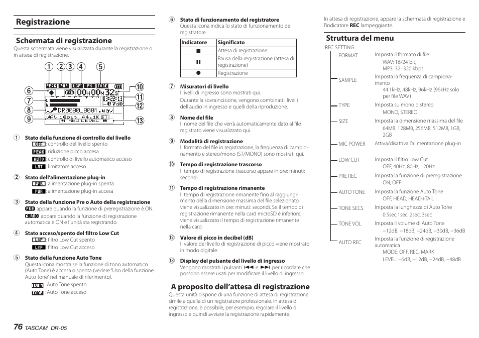 Registrazione, Schermata di registrazione, A proposito dell’attesa di registrazione | Struttura del menu | Teac DR-05 V.2.00 User Manual | Page 76 / 104