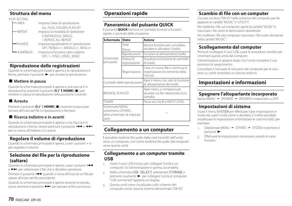 Struttura del menu, Riproduzione delle registrazioni, Regolare il volume di riproduzione | Selezione dei file per la riproduzione (saltare), Operazioni rapide, Panoramica del pulsante quick, Collegamento a un computer, Collegamento a un computer tramite usb, Scambio di file con un computer, Scollegamento dal computer | Teac DR-05 V.2.00 User Manual | Page 78 / 104