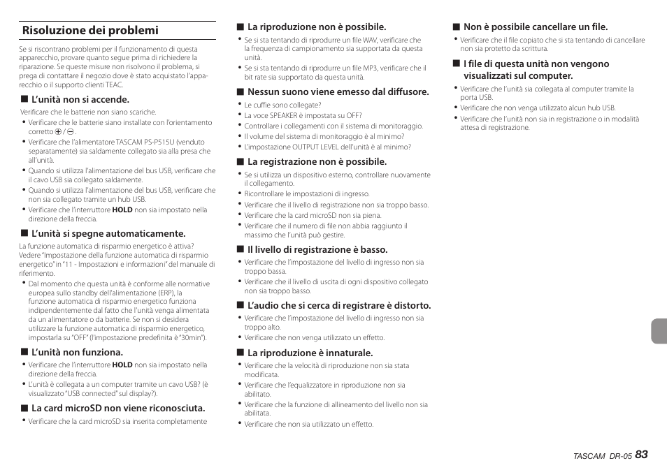 Risoluzione dei problemi | Teac DR-05 V.2.00 User Manual | Page 83 / 104