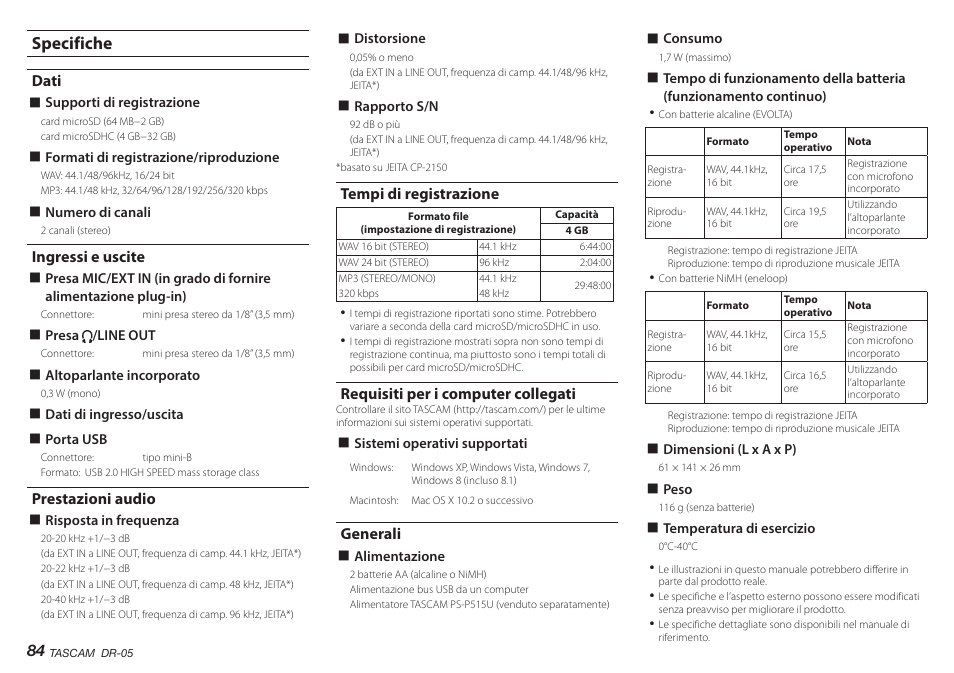 Specifiche, Dati, Ingressi e uscite | Prestazioni audio, Tempi di registrazione, Requisiti per i computer collegati, Generali | Teac DR-05 V.2.00 User Manual | Page 84 / 104