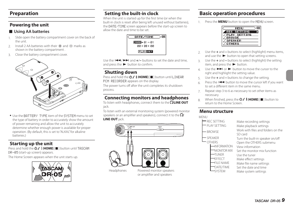 Preparation, Powering the unit, Starting up the unit | Setting the built-in clock, Shutting down, Connecting monitors and headphones, Basic operation procedures, Menu structure | Teac DR-05 V.2.00 User Manual | Page 9 / 104