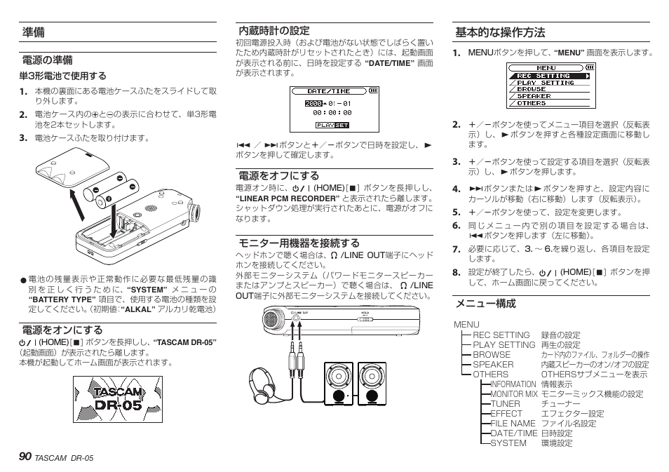 電源の準備, 電源をオンにする, 内蔵時計の設定 | 電源をオフにする, モニター用機器を接続する, 基本的な操作方法, メニュー構成, 電源の準備 電源をオンにする 内蔵時計の設定 電源をオフにする モニター用機器を接続する | Teac DR-05 V.2.00 User Manual | Page 90 / 104