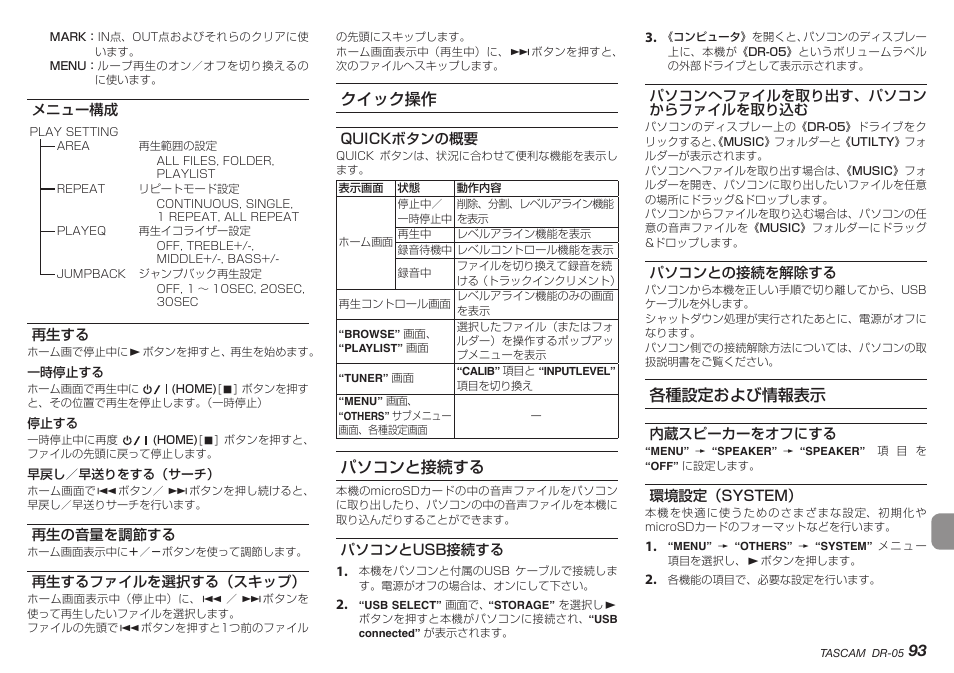 メニュー構成, 再⽣する, 再生の音量を調節する | 再生するファイルを選択する（スキップ, クイック操作, Quickボタンの概要, パソコンと接続する, パソコンとusb接続する, パソコンへファイルを取り出す、パソコンからファイルを取り込む, パソコンとの接続を解除する | Teac DR-05 V.2.00 User Manual | Page 93 / 104