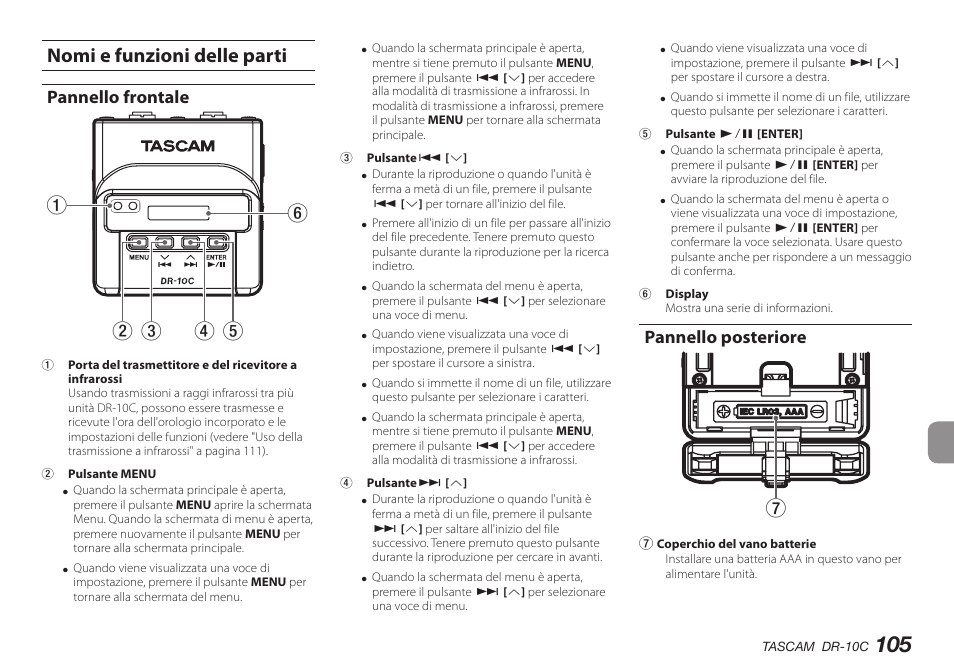 Nomi e funzioni delle parti, Pannello frontale, Pannello posteriore | Teac DR-10C User Manual | Page 105 / 148