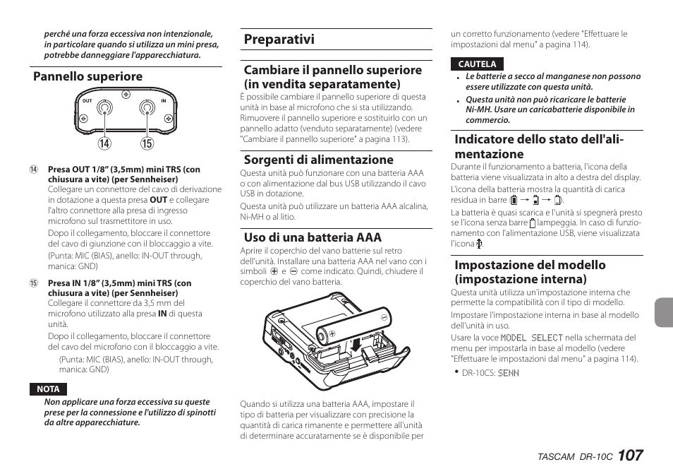 Pannello superiore, Preparativi, Sorgenti di alimentazione | Uso di una batteria aaa, Indicatore dello stato dell'alimentazione, Impostazione del modello (impostazione interna), Tr u y, Indicatore dello stato dell'ali- mentazione | Teac DR-10C User Manual | Page 107 / 148