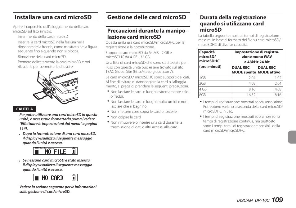 Installare una card microsd, Gestione delle card microsd, Precauzioni durante la manipolazione card microsd | Teac DR-10C User Manual | Page 109 / 148